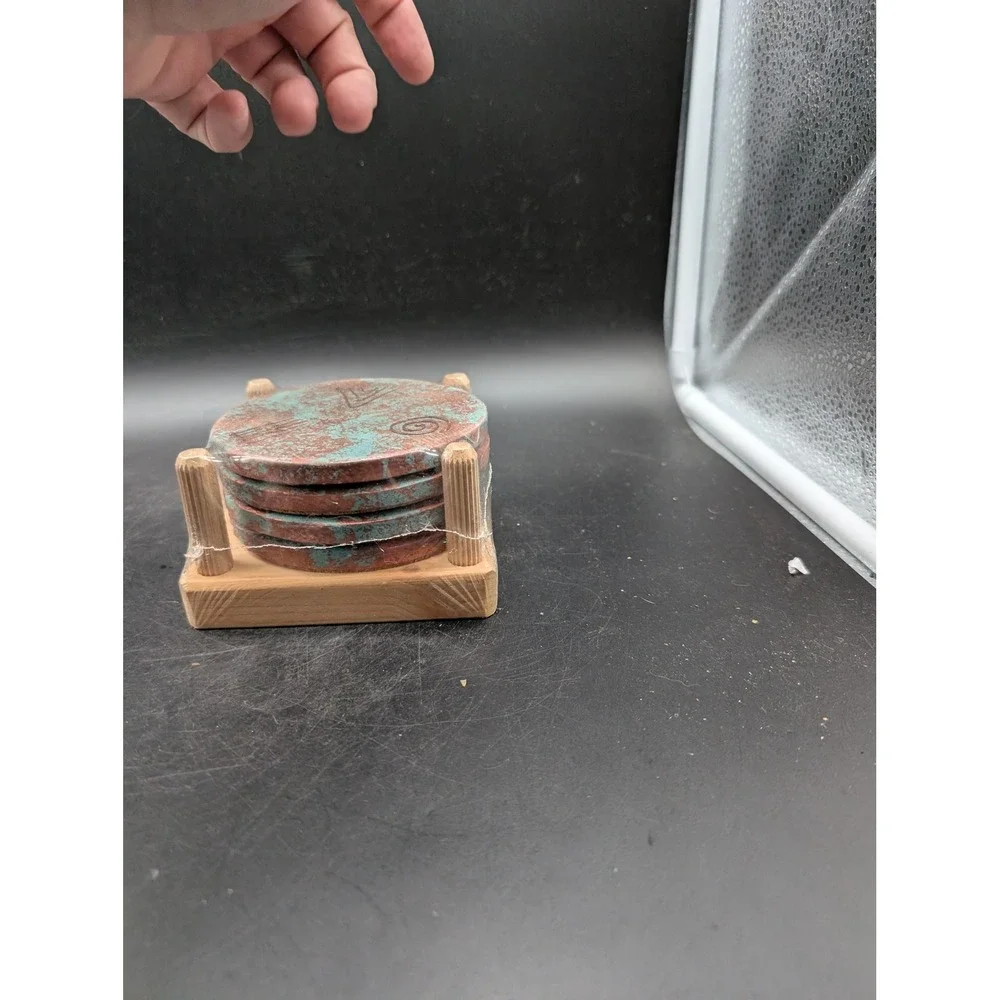 Handmade Southwestern Stone Coasters Set of 4 Verdigris Patina with Wood Holder